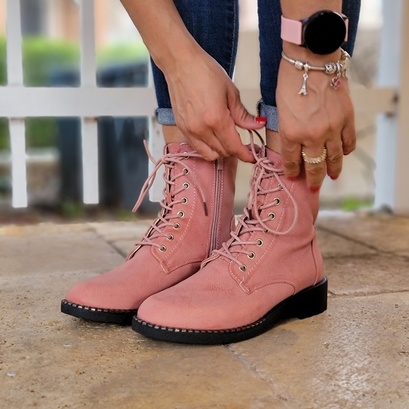 Women's Mauve Lace Up Ankle Mid-Calf Combat Boots - Picture 1 of 6